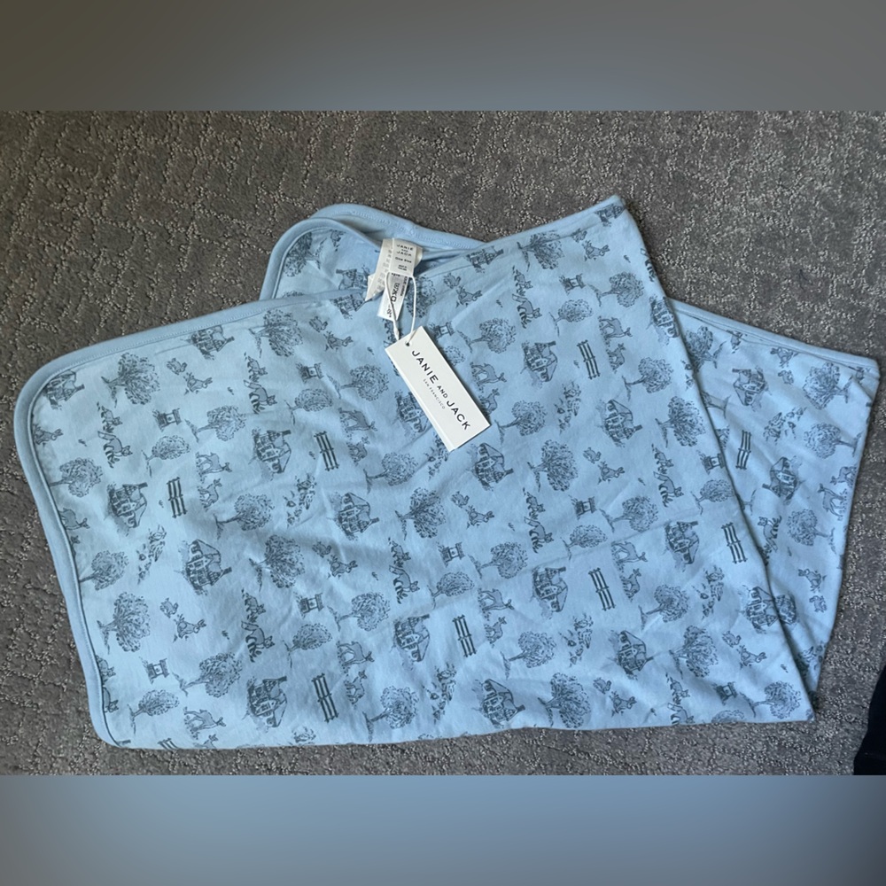 Janie and Jack Light Blue Toile Print Blanket and Hat NWT